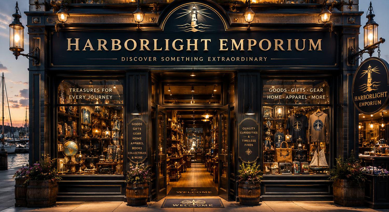Harbor Light Emporium storefront at dusk, lit lanterns and window displays beneath its lighthouse emblem sign